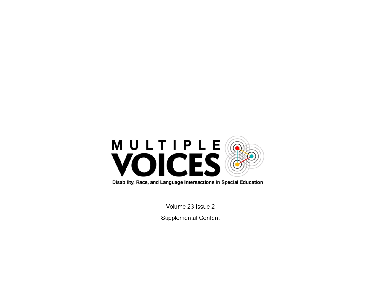 The Multiple Voices journal title and subtitle, disability, race, and language intersections in special education. Next to the title is the logo, three sets of concentric circles. Below this is the print: Volume 23 Issue 2 Supplemental Content